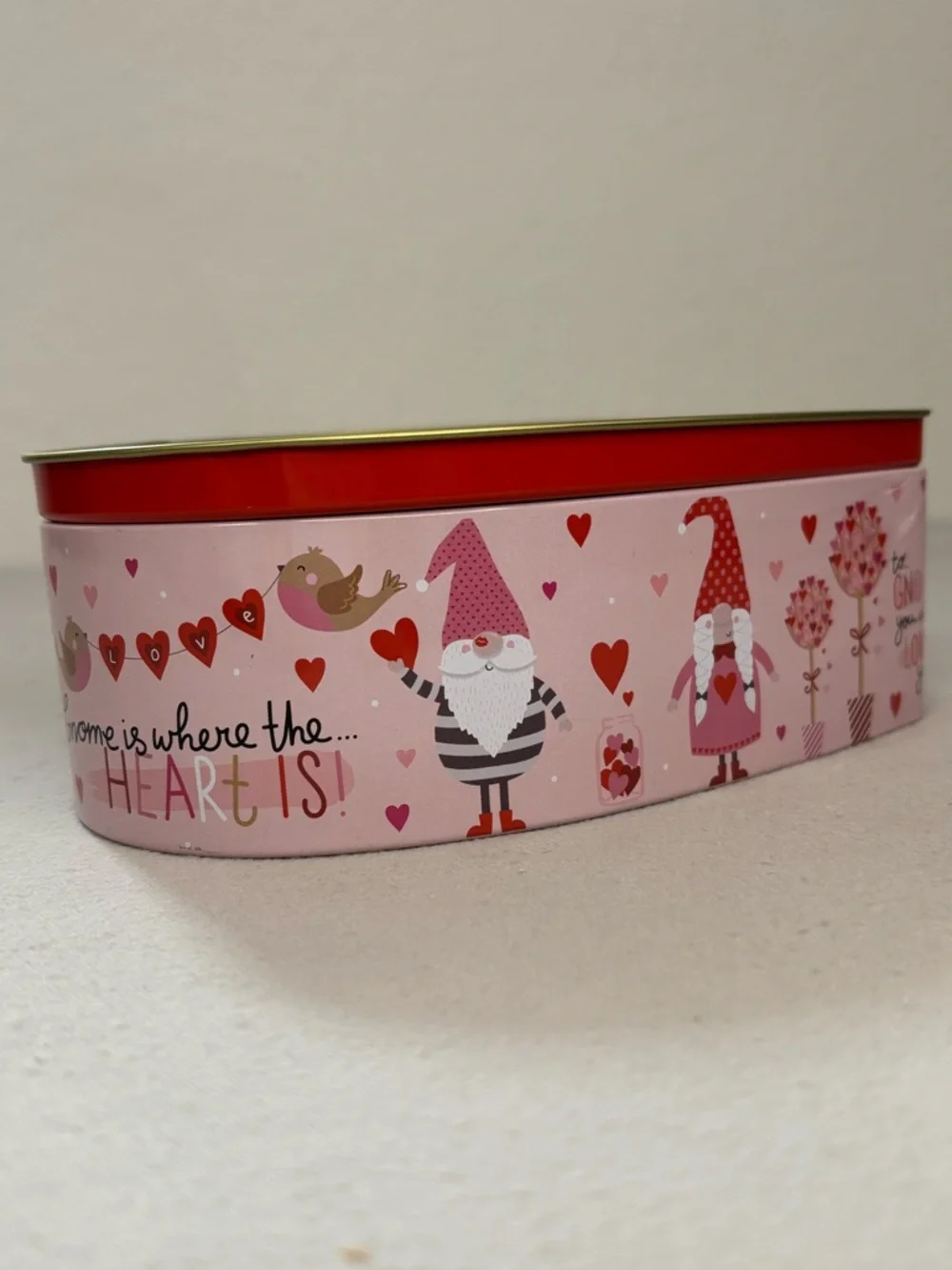 Heart-Shaped Gnome Storage Tin in Pink & Red 